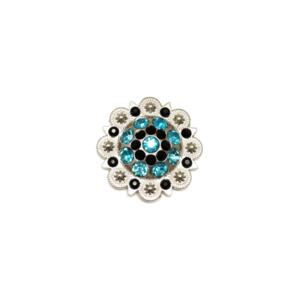 FCRB-AqnBlk 1 1/2" Flower Concho with Aqua and Black Rhinestones and screw back.