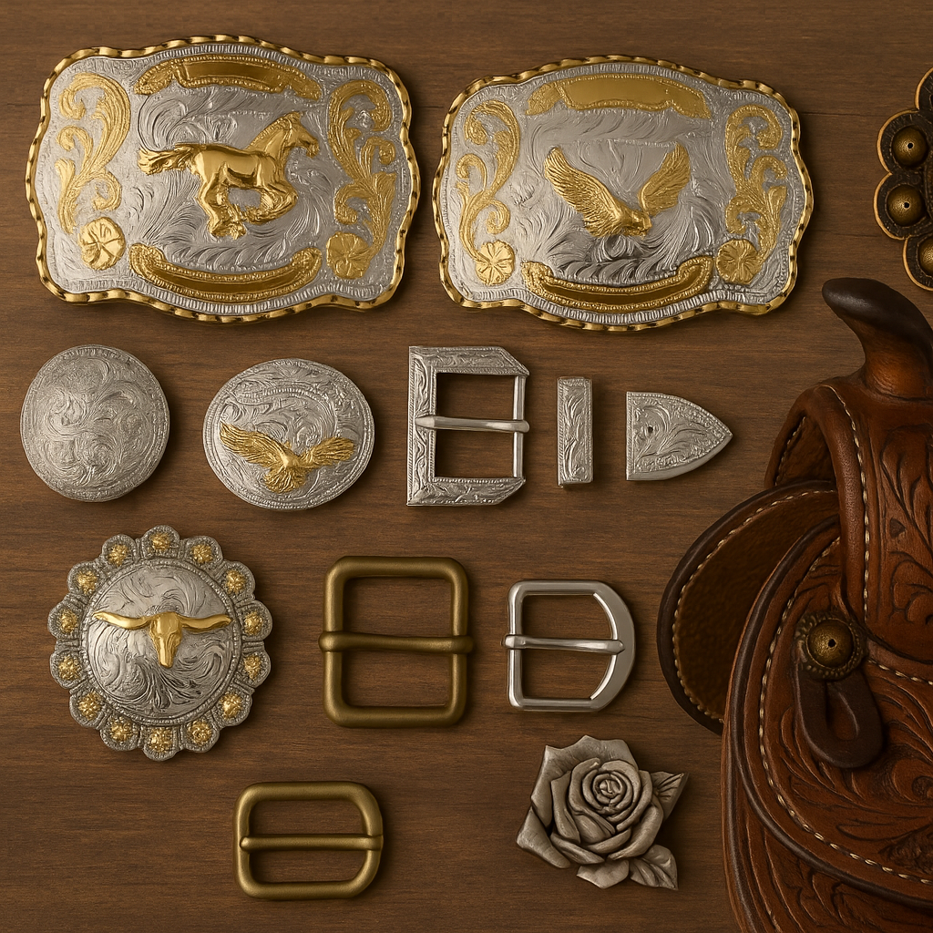 Western buckles and conchos displayed on a wooden table