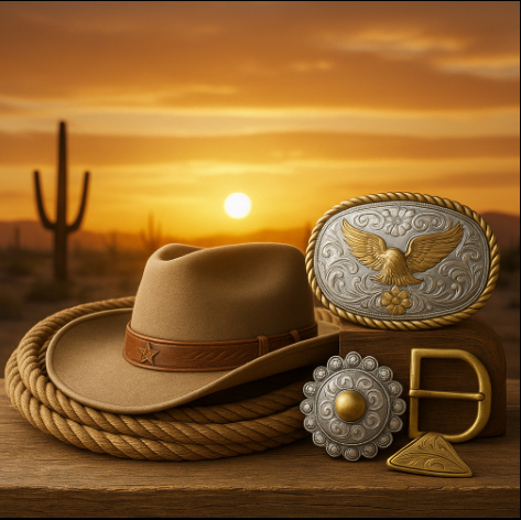 Western hat, rope, silver buckle, notebook, and pen on rustic wooden desk