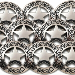 10-pack Silver Texas Ranger Star Conchos with Screw Back. 1 1/8" diameter.