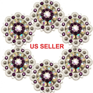 6-Pack 1 1/2" Flower Conchos with Clear and Purple Rhinestones - Screw Back
