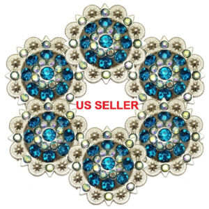 Teal and clear rhinestone flower conchos